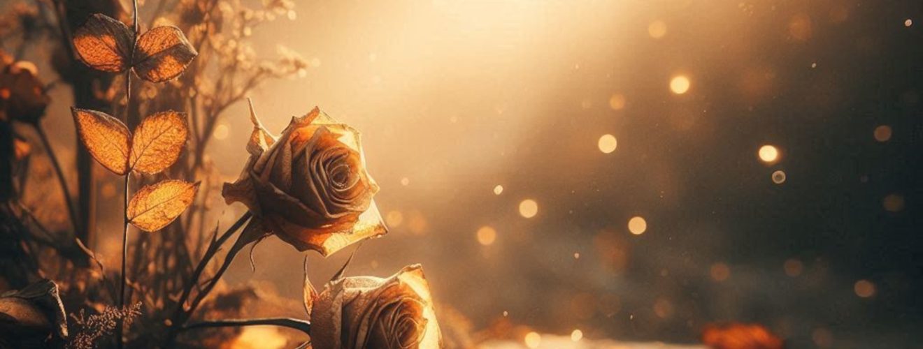 Gold Autumn Leaves with Withered Rose -atmospheric meditation on impermanence, memory, and decay, using autumn imagery to explore beauty found in gentle endings