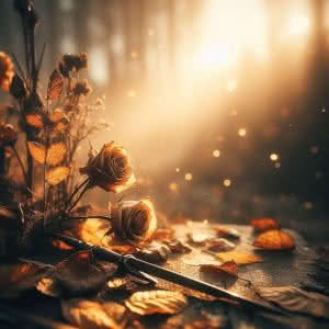 Gold Autumn Leaves with Withered Rose -atmospheric meditation on impermanence, memory, and decay, using autumn imagery to explore beauty found in gentle endings